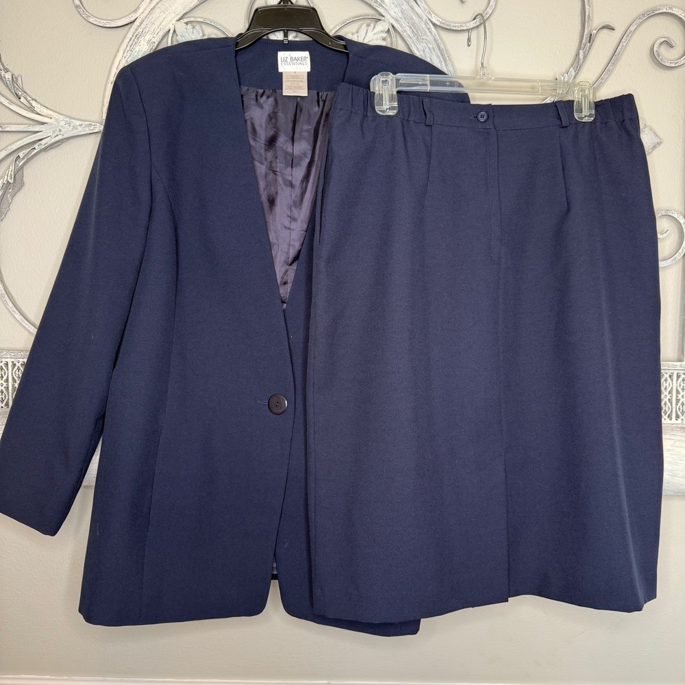 Vintage‎ 90's Liz Baker Essentials Navy Blue Skirt Suit Blazer Pencil Skirt 16